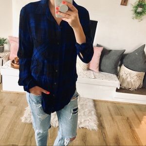 Blue & Black Plaid L/S Button Up Top